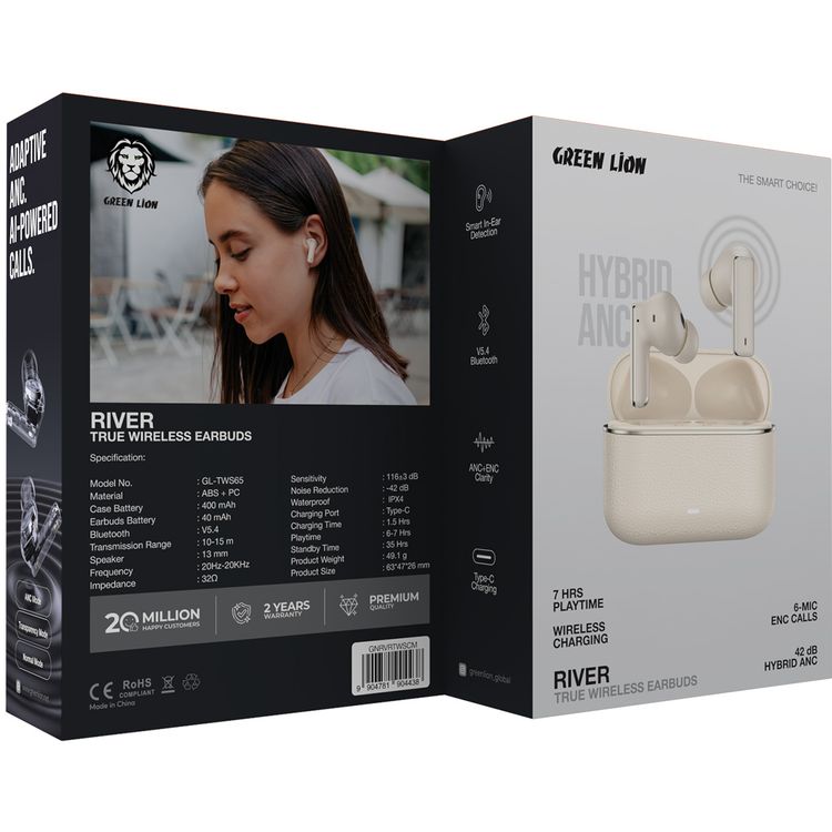 Green Lion River True Wireless Earbuds with ANC + ENC Clarity, Up to 7 Hours of Playtime, Smart in-Ear Detection, Bluetooth Version 5.4, -42dB Noise Reduction, 35 Hours Standby Time - Cream