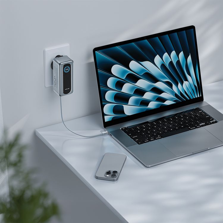 Green Lion Evera 15000mAh Power Bank + Charger with TFT Display, PD 67W, Built-in Type-C Cable, Multi-Device Charging, Flight Approved, USB-A & USB-C Ports, EU/UK/AUS Plugs Included - Gray