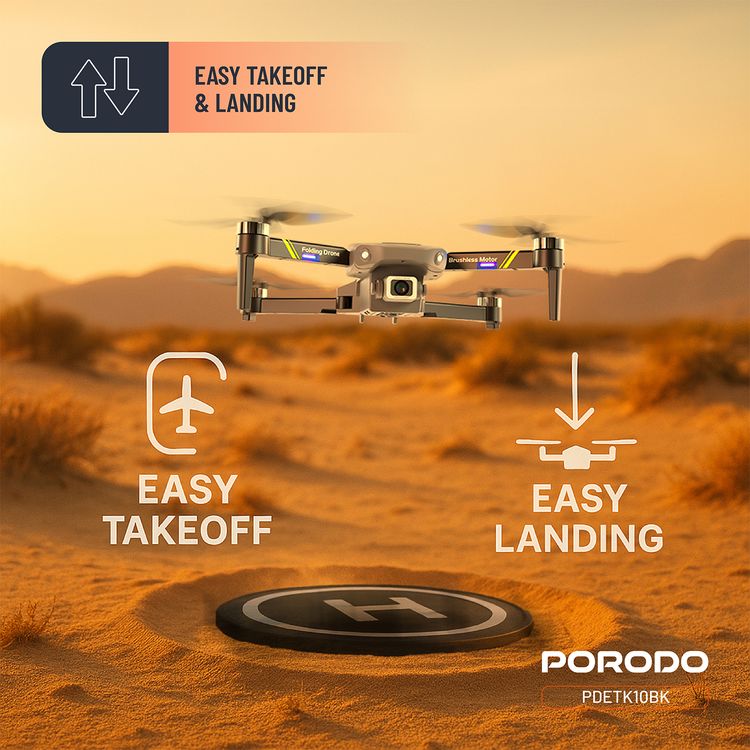 Porodo Aero View Drone with 120m Operational Distance, 360° Flip and Roll, Easy Takeoff & Landing, Up to 12 Minutes Flight Time, 10Km/h Max Speed, 120 Minutes Charging Time - Black 