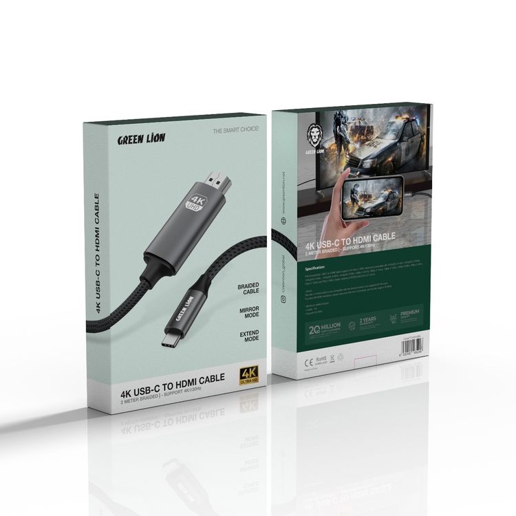 Green Lion 4K USB-C to HDMI Cable with 4K@30Hz Resolution Support, Braided Design, 2m in Length, Mirror Mode & Extend Mode - Black