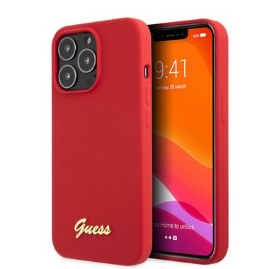 CG MOBILE Guess Liquid Silicone Case with Gold Metal Logo Script Compatible for iPhone 13 Pro Max (6.7") Anti-Scratch, Easy Access to All Ports, Shock Absorption