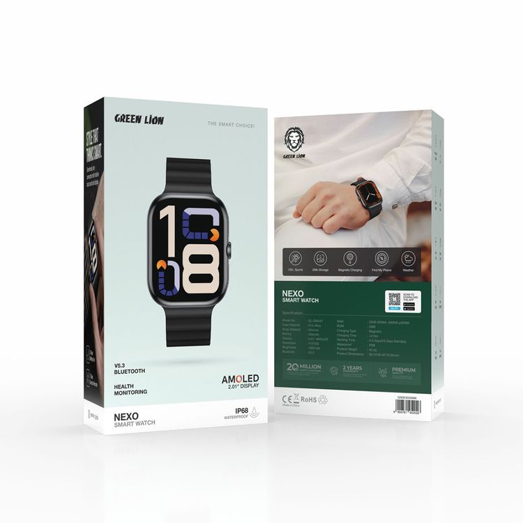 Green Lion Nexo Smart Watch with a 2.01" AMOLED Display, Up to 5 Days Working Time, Bluetooth Version 5.3, 300mAh Battery, Up to 15 Days Standby Time, Magnetic Charging, 100+ Sport Modes, Weather Updates, Health Monitoring - Black