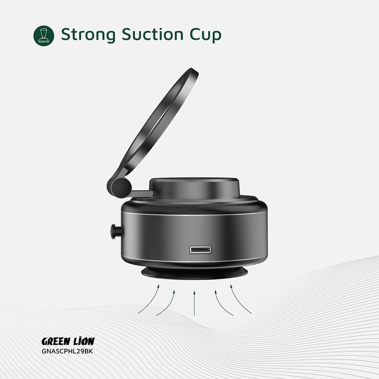 حامل الهاتف Green Lion GX-29 مع شفط تلقائي ودوران 360°، كوب شفط قوي، إمتصاص 1.5 كجم، تشغيل بيد واحدة، متوافق مع ماغسيف، شحن Type-C، وقت عمل 14 يومًا - باللون الأسود غير اللامع.