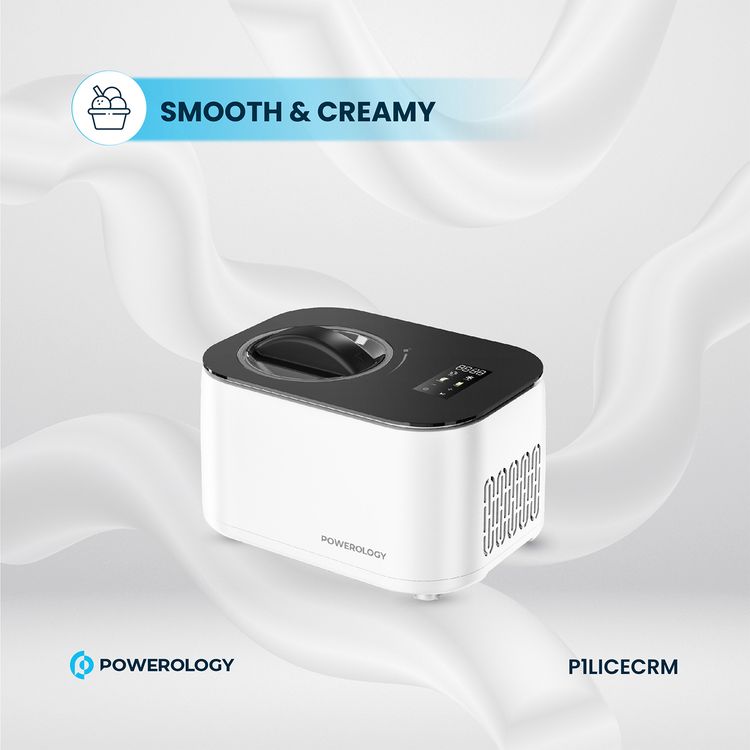 Powerology Ice Cream & Frozen Yogurt Machine with 4 Mixing Modes, 1L Capacity, 50 to 60 Minutes Preparation Time, Low-Noise Operation, 100W Cooling Power - White
