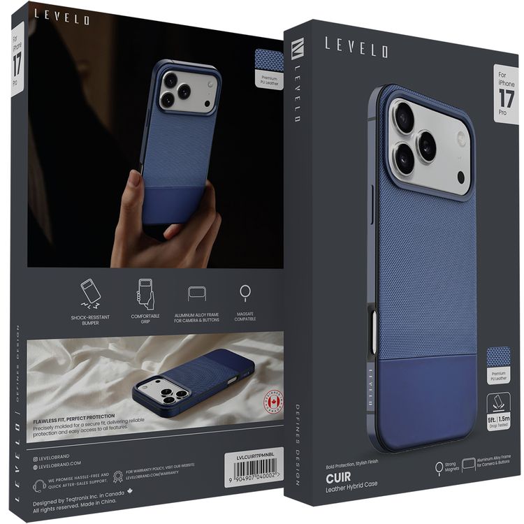 Levelo Cuir Leather Hybrid Case with Comfortable Grip for iPhone 17 Pro, Strong Magnets & MagSafe Compatible, Shock-Resistant Bumper, Aluminum Alloy Frame for Camera & Buttons, Drop-Tested - Midnight Blue