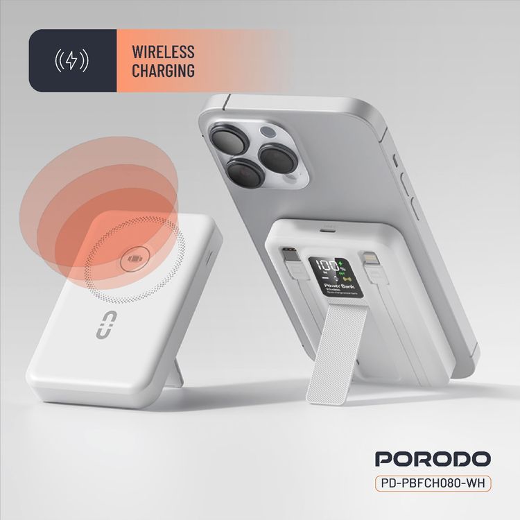 بورودو بنك طاقة لاسلكي مغناطيسي 10000 مللي أمبير/ساعة مع حامل كابل مدمج USB-C + Lightning، شحن متزامن، شاشة رقمية، PD 22.5 واط - أبيض