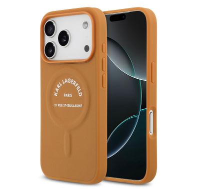 Karl Lagerfeld MagSafe PU Case with Karl RSG Logo Buttons for iPhone 17 Pro Max, Slim Profile, Easy Snap-On, Sustainable Packaging, Comfortable Grip, Drop Protection, Lightweight Design - Brown