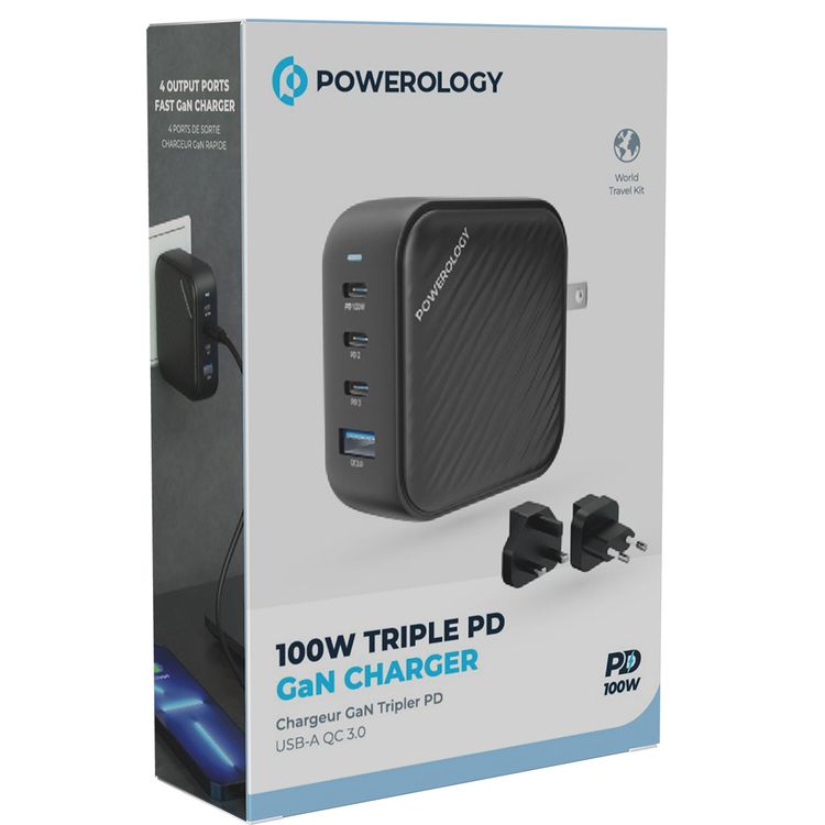 Powerology 100W Triple PD GaN Charger with EU & UK Plug, 3 USB-C Ports & USB-A Port, Built-in Safeguard, Multi Device Charging, Fast Charge, Laptop Charger - Black