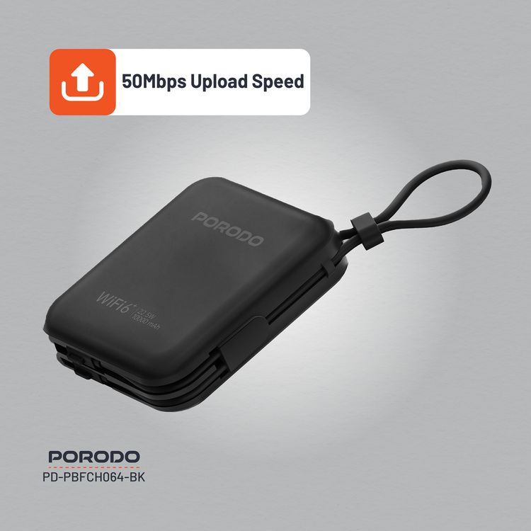 Porodo Portable 4G LTE WiFi Router,10000mAh Battery Capacity, 150Mbps Download Speed, 50Mbps Upload Speed, Built-in Cables, Secure Connection - Black