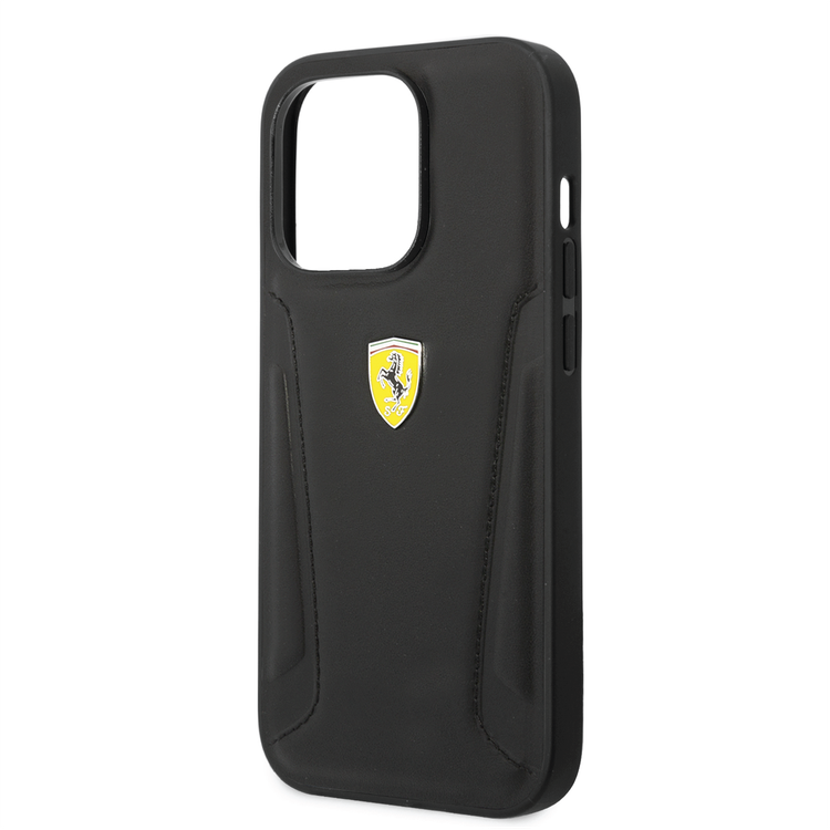 Ferrari Leather Case With Hot Stamped Sides & Yellow Shield Logo - iPhone 14 Pro - Black