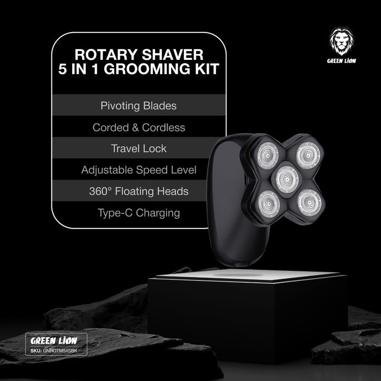 Green Lion Rotary Shaver, Wet & Dry Use, 5-in-1 Grooming Kit, Powerful DC 260 Motor, 2 Speed Levels, Sharp Pivoting Blades, 2 Hours Cordless Use, Waterproof, SkinSafe Technology, 360° Floating Heads Trimmer - Black