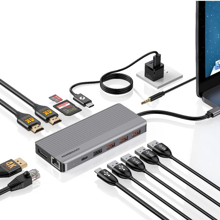 Powerology 13-in-1 USB-C Hub, 4K, HDMI, Type-C, 100W PD, Ethernet, USB SD MicroSD, 3.5 AUX - Gray