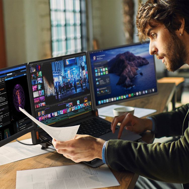 Powerology Dual Portable Monitor With Mst Docking Station, 14" Dual Full HD Screens, Multiple Device Compatibility, Driver-Free Use, Full View  Angle, 4K Ultra HD - Gray 