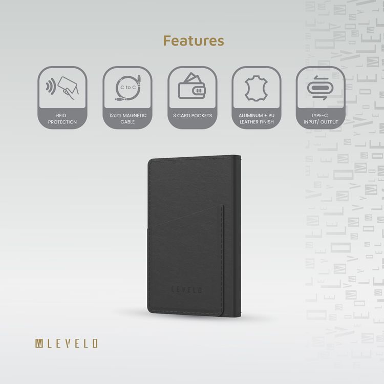 Levelo Vermont 3-in-1 Portable Wallet Power Bank,  5000mAh Battery Capacity, Lithium - ion Battery, Aluminum + PU Leather Finish Material, Fast Charging - Black