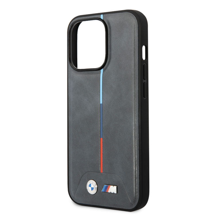 BMW M Collection Quilted PU Case with Hot Stamped Tricolor Stripe and Printed Logo iPhone 14 Pro Compatibility - Grey