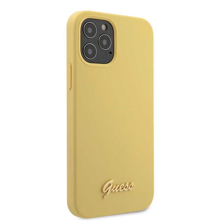 CG Mobile Guess Liquid Silicone Case with Metal Logo Compatible for iPhone 12 / 12 Pro (6.1") Premium Silicone Case, Shock & Scratch Resistant, Easy Access to All Ports - Yellow