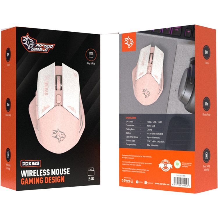 Porodo Gaming Wireless Mouse, 3 Levels DPI, 10m Wireless Range, Power Saving Technology, Mac & Windows Compatible - Pink
