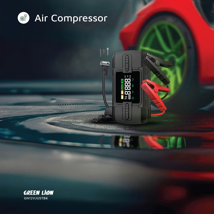 Green Lion 12V Jump Starter with 12000mAh Battery Capacity, 4 Modes Inflation, Safety Protection, Wide Compatibility, Digital Display, 2 USB-A Ports, 44.4W Power  - Black