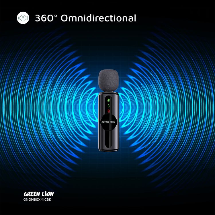 ميكروفون Green Lion GM-80X مع ميزة إلغاء الضوضاء بثلاث مستويات، وقت عمل يصل إلى 5 ساعات، زمن استجابة أقل من 30 ميلي ثانية، ميكروفونات مزدوجة، موصلات Type-C و AUX و Lightning - لون أسود