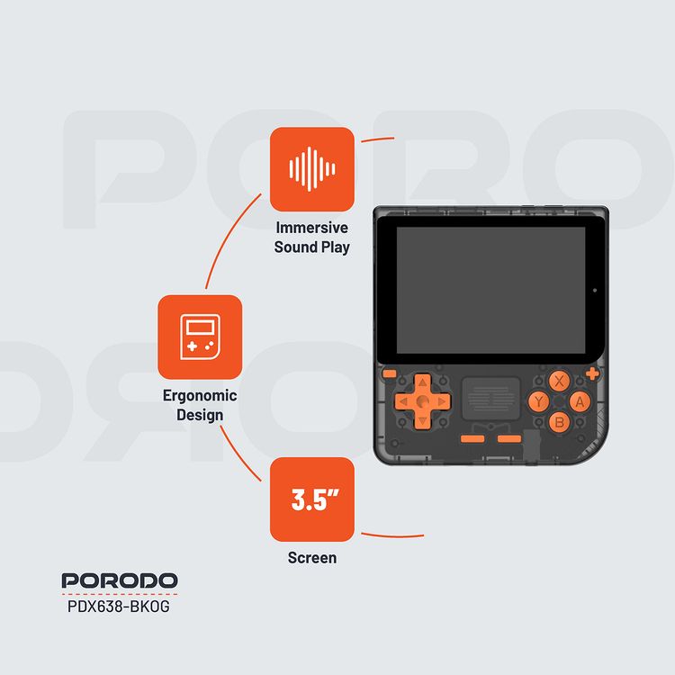 وحدة تحكم ألعاب Porodo Gaming Retro Arcade، محاكي ثلاثي الأبعاد، تصميم مريح، تشغيل صوتي غامر، شاشة IPS مقاس 3.5 بوصة، عمر بطارية 6 ساعات، بطارية 3000 مللي أمبير في الساعة - أسود / برتقالي 