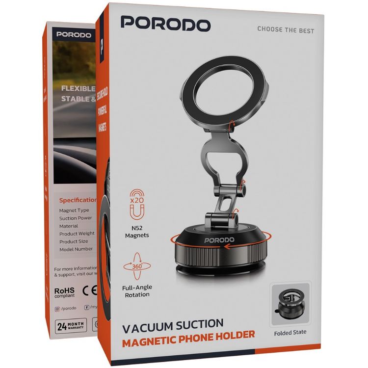 Porodo Magnetic Phone Holder with Vacuum Suction, Adjustable Viewing Angle, 360° Rotation, Scratch Resistant, Foldable State, 18-65kPa Suction Power, ABS, TPU & Zinc Alloy Material - Black