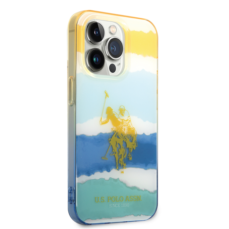 USPA PC/TPU Case with Blurred Stripes & Horse Logo iPhone 14 Pro Compatibility - Yellow