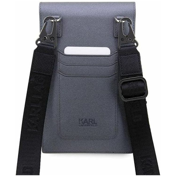 Karl Lagerfeld Saffiano Phone Pouch with K&C NFT Logo, Adjustable Shoulder Strap, Multiple Compartments, 3 Card Slots, Water Resistant - Silver