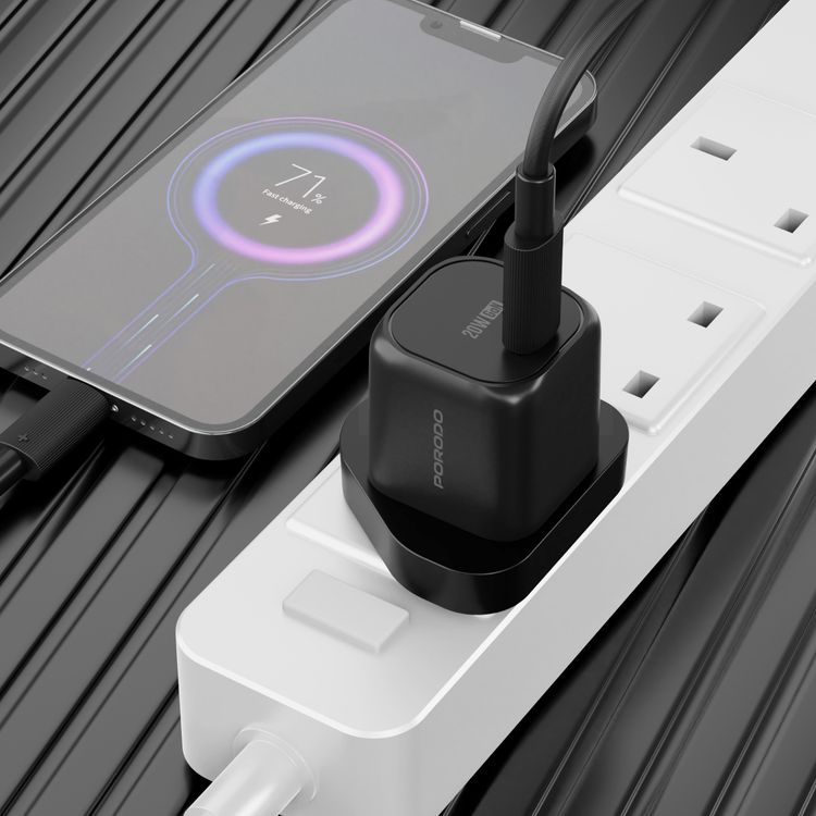 Porodo PD 20W USB-C Power Delivery GaN Wall Charger with USB-C to Lightning Cable, Over-Heat Protection, Universal Compatibility, Portable & Travel Friendly - Black