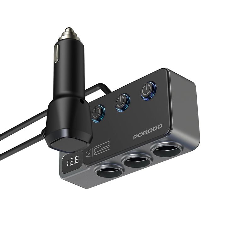 Porodo 120W Car Charger Hub with Triple-Port Lighter Sockets, 3 USB-A & 2 USB-C Ports, 35W PD, 65W QC, 95cm Cable, Real-Time Voltage Display, Independent Power Switch - Dark Gray