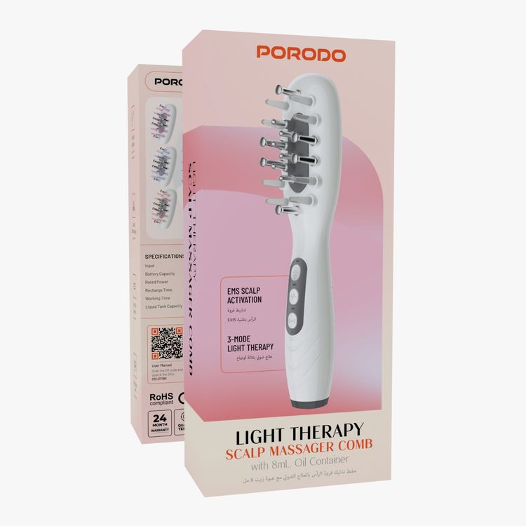 Porodo Light Scalp Massager Comb with 8mL Oil Container, 3-Mode Light , EMS Scalp Therapy, Soothing Vibration Massage, Type-C Charging, Auto Shut-Off Safety, 2 Hours Working Time - White