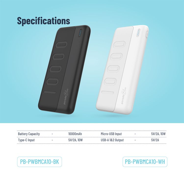 Porodo Blue 10000mAh Slim Power Bank with Dual USB-A Output, Lightweight & Compact Design, Type-C Input, LED Indicator - White