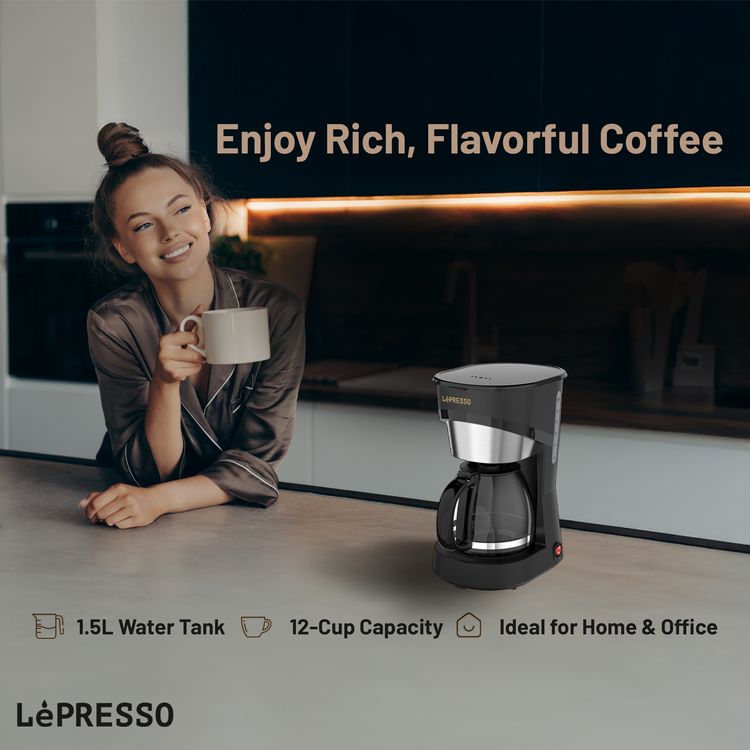 LePresso Drip Coffee Maker with Glass Carafe, 1.5L Water Tank Capacity, 900W Rated Power, 15 Cups Coffee Carafe Capacity, Washable Nylon Filter, Keep Warm Function - Black