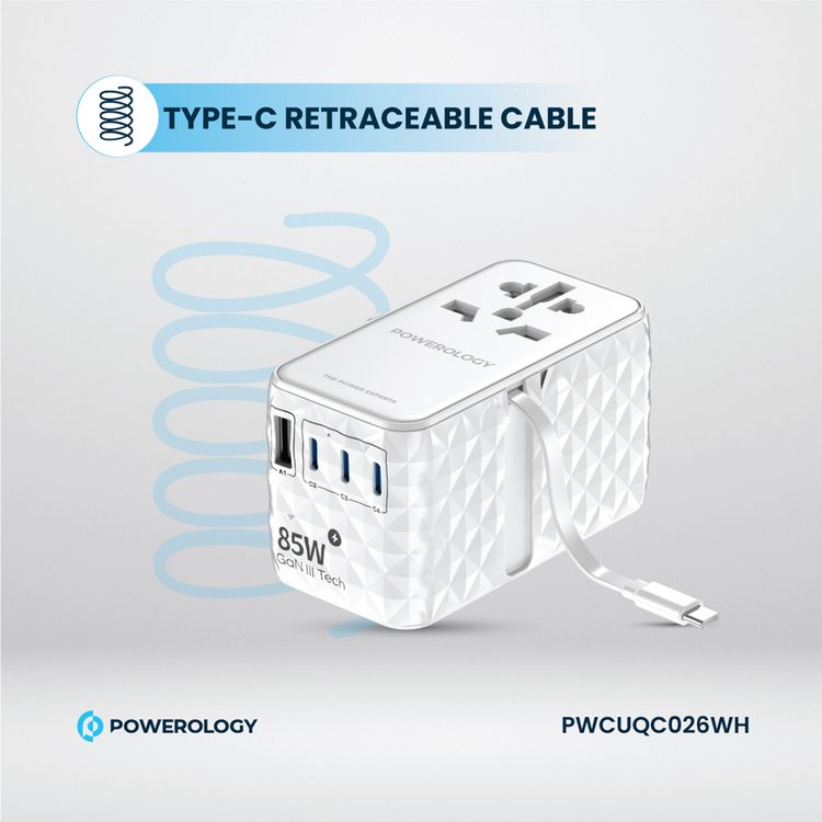 Powerology Universal 85W Super Charger with Retractable Type-C Cable, 70W Power Delivery, GaN Technology, Simultaneous Charging, Spare Fuse Included - White