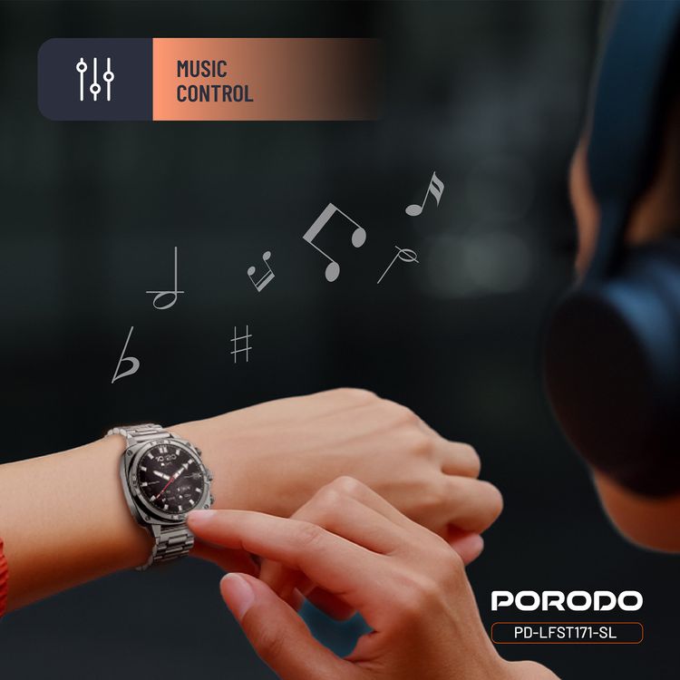 Porodo Chrono Steel Smartwatch with 1.43-inch AMOLED Display, 466 x 466 pixels Resolution, Up to 5 Days Working Time, 400mAh Battery Capacity, 128MB Flash Memory, Bluetooth Version 5.2, IP68 Water Resistance Level - Silver