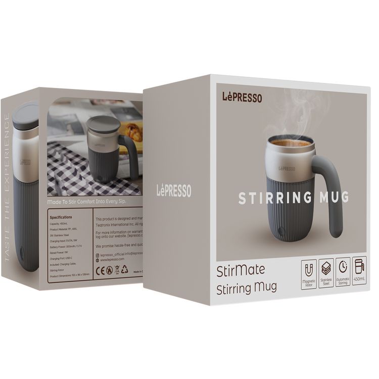 LePresso Auto Stirring Mug with 450mL Capacity, Portable & Lightweight Design, Patented Design, Type-C Charging Port, Built-in Battery, Magnetic Rotor, Auto-Off - Gray