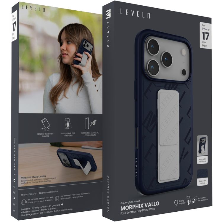 Levelo Morphix Vallo Faux Leather GripStand Case for iPhone 17 Pro Max, MagSafe & Magnetic Compatibility, Horizontal & Vertical Stand Positions, True Microfiber Interior Lining, Shock-Resistant Bumper, Strong Magnets - Cobalt Storm