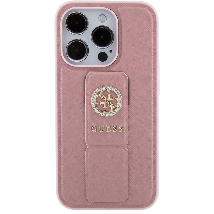 Guess Gripstand Saffiano Case with 4G Strass Metal Logo - Pink - iPhone 15 Pro