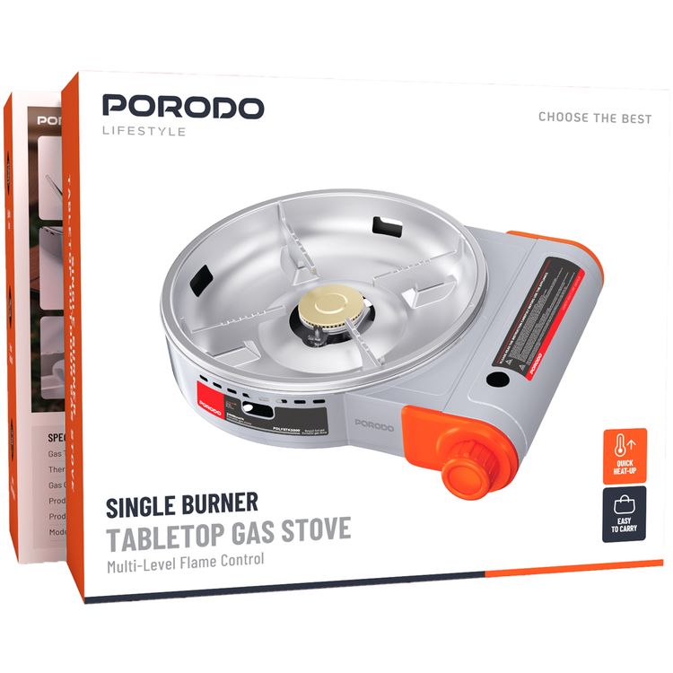 Porodo Single Burner Tabletop Gas Stove with Multi-Level Flame Control, Instant Electronic Ignition, Quick Setup Design, Butane Gas Type - Gray