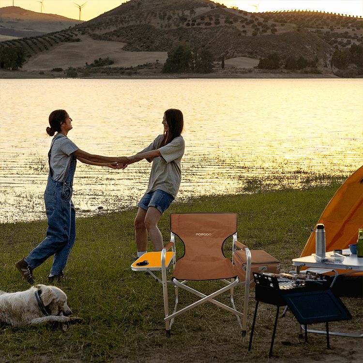 Porodo Lifestyle Outdoor Folding Director Chair with Cooler Bag & Side Table, Cup Holder, 600DPE Fabric & Aluminum Tube Material, 120kg Max Load Capacity, Anti-Slip Base, Foldable Design - Brown