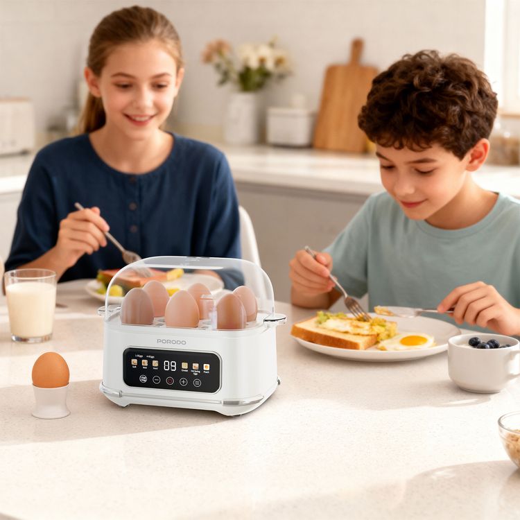 Porodo Poacher Smart Electric Egg Boiler with Digital Display, 6 Levels Cooking Mode, Up to 6 Eggs Cooking, Easy and Fast Cooking, Auto Shut-Off Function, Preset Program Selector, UK 3-Pin Plug,  0.7m Cord Length, 100mL Water Capacity, Non-Slip Support - White