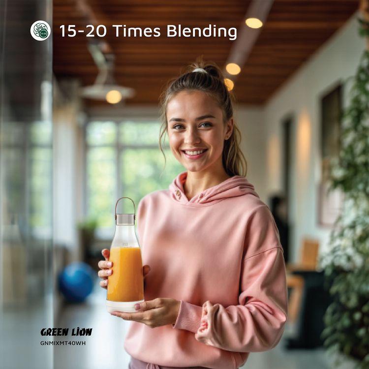 Green Lion Mix Mate Portable Juicer with 300mL Capacity, 1500mAh Battery Capacity, BPA Free PET Jar Material, Stainless Steel Blade Material, Type-C Charging Port, 3-4 Hours Charging Time - White