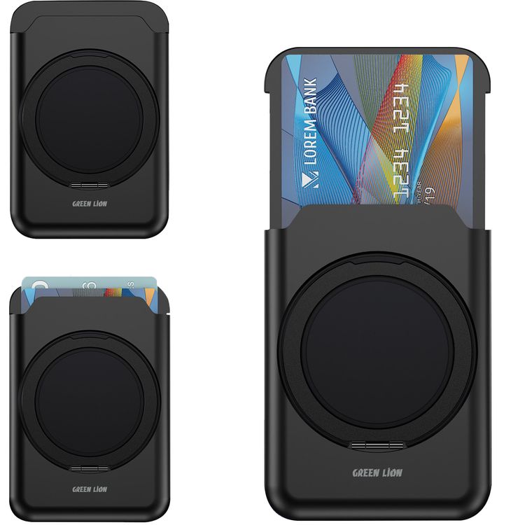 Green Lion W4-MagSafe Wallet with Card Holder, PC Plastic & Metal Material, Adjustable 40-180° Kickstand Angle, Quick Attach & Detach, RFID Protection, Slim Design & Easy Access - Black