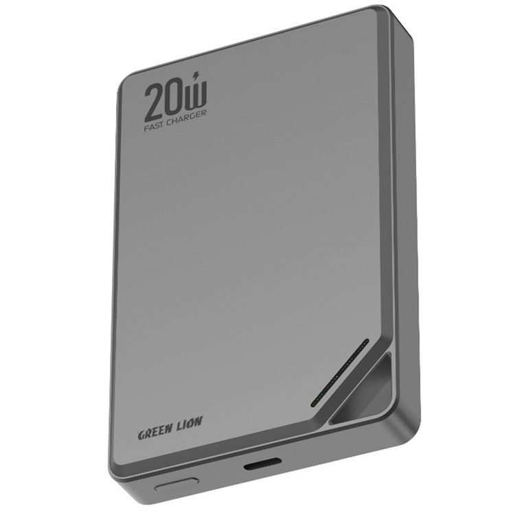 Green Lion Rayo 10000mAh Power Bank with PD 20W Fast Charging, 15W Wireless Output, Ultra-Slim Design, LED Power Indicator, Flight Approved, Strong Magnetic, Safety Protections - Gray