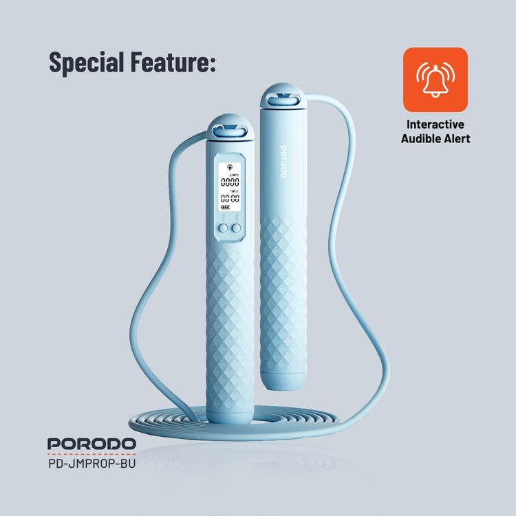 Porodo Lifestyle Smart Skipping Rope Forward & Reverse Counts, Battery Display Set Time - Blue