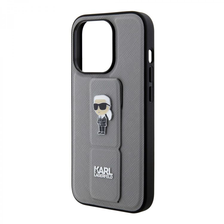 Karl Lagerfeld Saffiano Leather Grip Case With Karl Ikonik Logo - Silver - iPhone 15 Pro