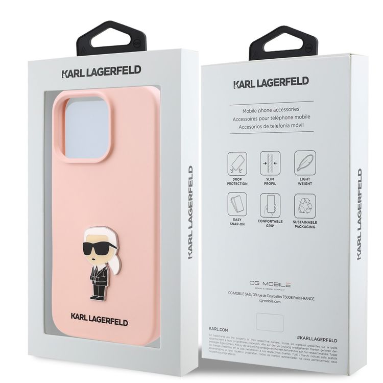 كفر حماية Karl Lagerfeld TPU سيليكون صلب مع شعار Ikonik لهاتف iPhone 16 Pro Max، مادة متينة، قبضة مريحة وآمنة، خفيف الوزن ونحيف - وردي