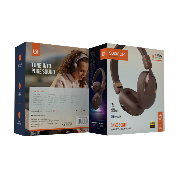 Porodo Soundtec Onyx Sonic Wireless Headphones with Noise Reduction, Bluetooth Version 5.4, Type-C Charging Port, 2 Hours Charging Time, 18 Hours Play Time, 10m Transmission Distance, Game Mode, EQ Mode, TF Card Play Back, Compact & Foldable Design, Multiple Function Key Control - Brown