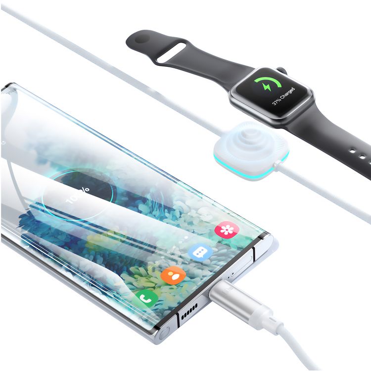 Porodo USB-C To USB-C Data Cable with Wireless Watch Charger, 480Mbps Transfer Speed, 60W USB-C Output, 2.5W Watch Charger Output, 1.2m Length, High-grade Components, Flexible & Durable - White