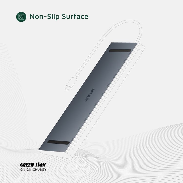 Green Lion 12-in-1 4K HDMI Ethernet USB-C Hub with 3× USB-A, 2× USB-C, 2× HDMI, SD/TF Card, RJ45, VGA & AUX Ports, Aluminum Alloy Material, 100Mbps Fast Ethernet, 29cm Cable Length, 5Gbps Data Transfer, Non-Slip Surface - Gray