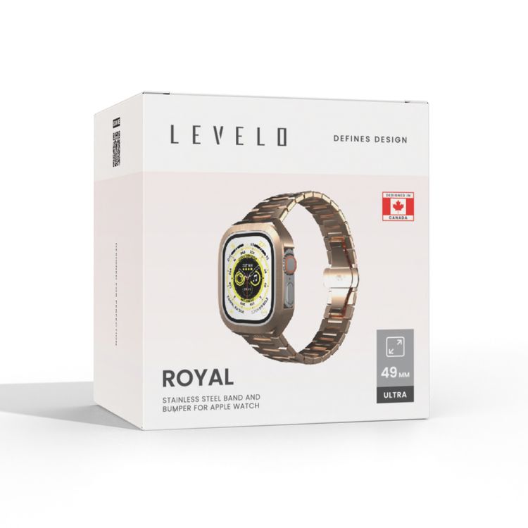 سيور علبة ومستطيلة من الفولاذ المقاوم للصدأ Levelo Royal لساعة Apple بحجم 49 مم، مشبك فراشة، وصلات قابلة للتعديل، إزالة سريعة ومريحة - ذهب وردي